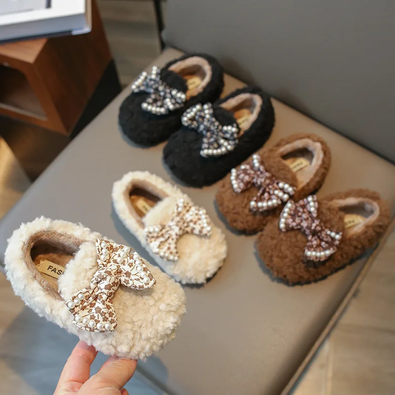 

2025 Winter New Kids Cotton Shoes Retro VersatileGirls' Bow Flat Casual Shoe Comfort Anti Slip Child Bean Shoes Zapatos De Mujer