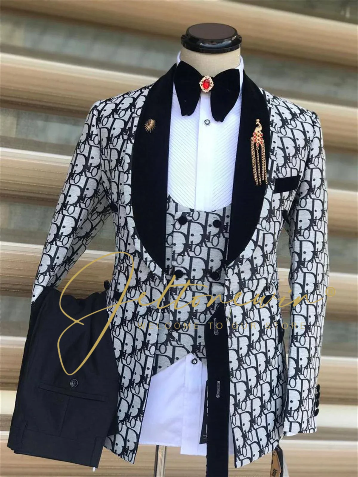 

Luxury Letter Double Breasted Men Suits Wedding Groom Tuxedo Shawl Lapel Prom Party Slim Fit Terno Masculino Blazer+Pant+Vest