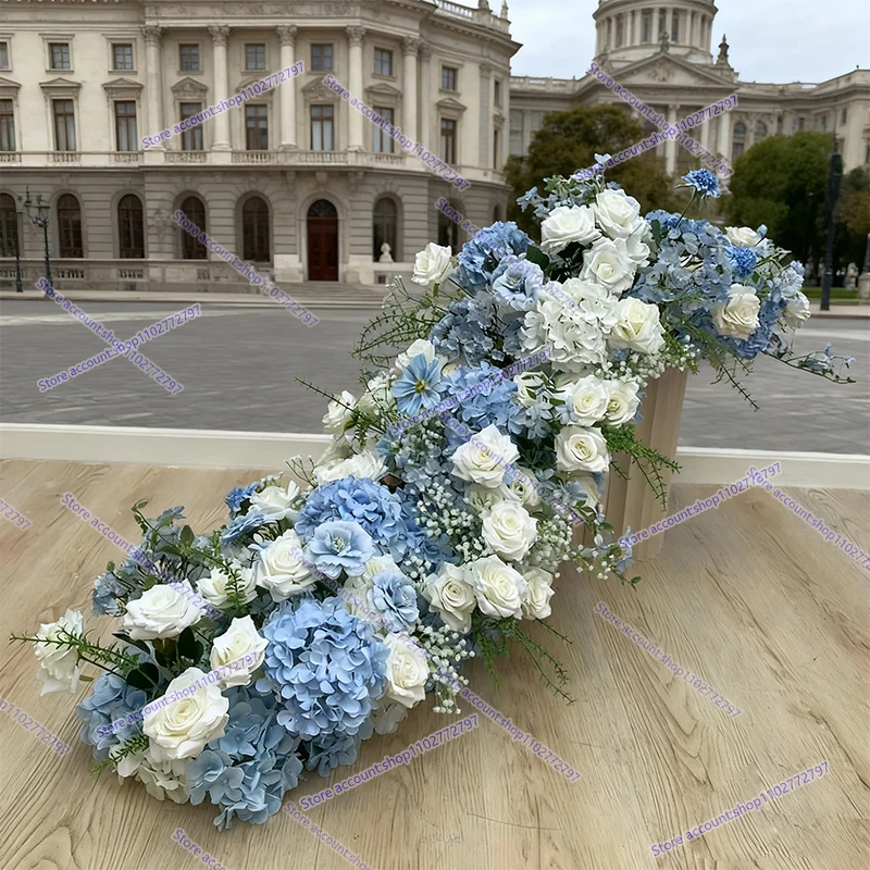 Flores artificiales de color azul claro, corredor largo, fila de flores, decoración de boda al aire libre, camino de mesa de comedor, decoración de estante de arco de mesa largo