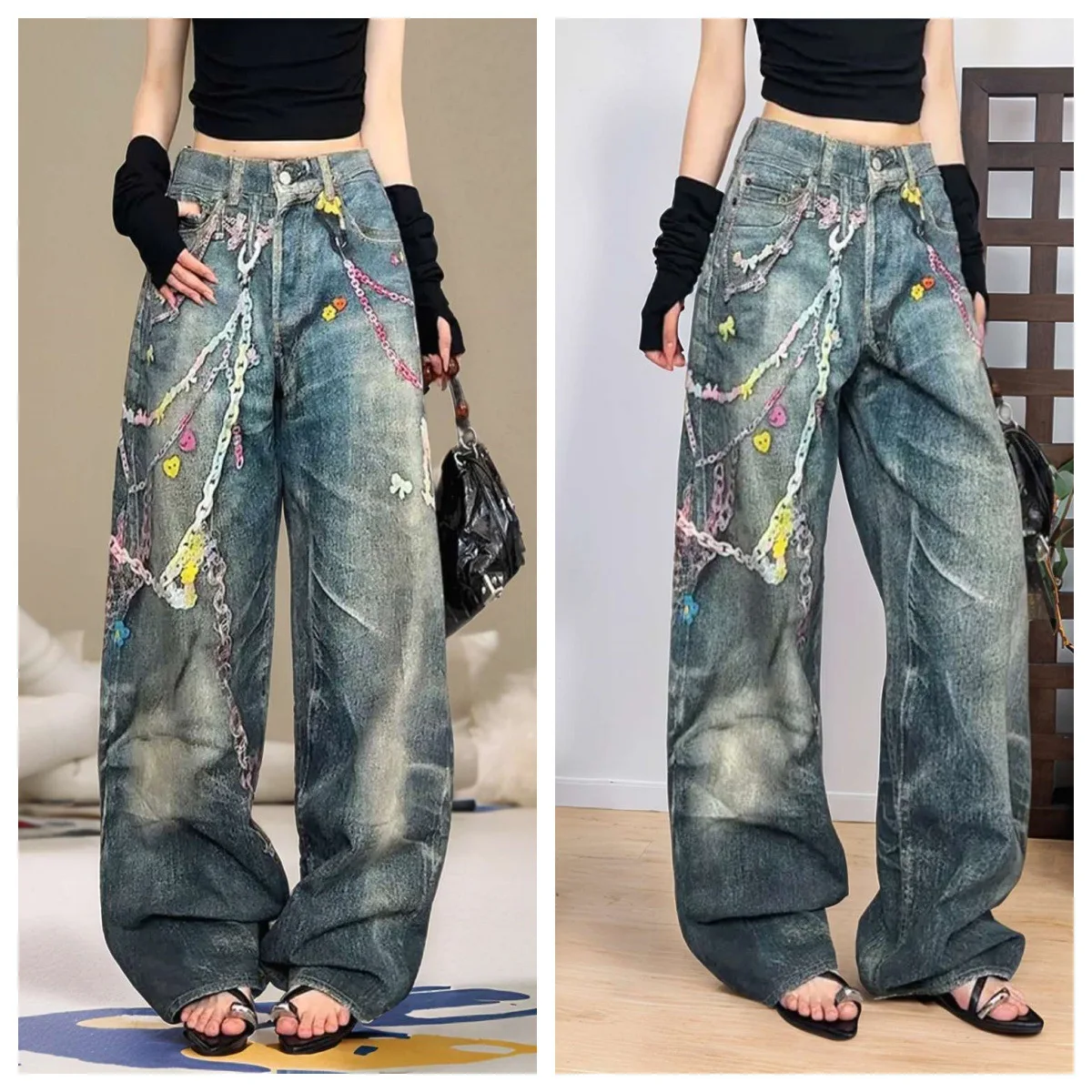 

Y2K Candy Chain Print Jeans - High Street Vintage High Waist Palazzo Pants, Colorful Wide Leg Trousers for Women Festival Vibes
