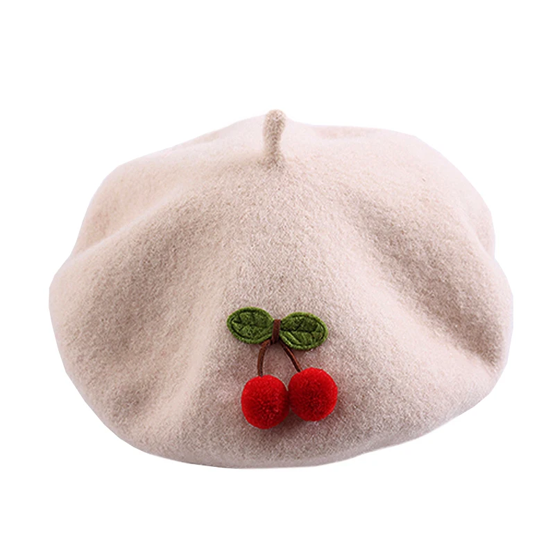 Spring Autumn Winter Girl British Painter Hat Female Wool Fashion Kawaii Red Cherry Women Beret Caps