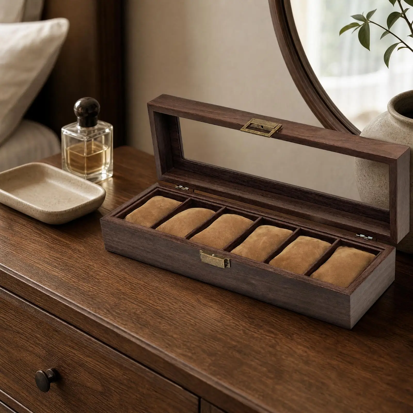 Six Compartment Watch Display Case with Glass Top for Home Shelf MDF Leather Watch Box Organizer Storage
