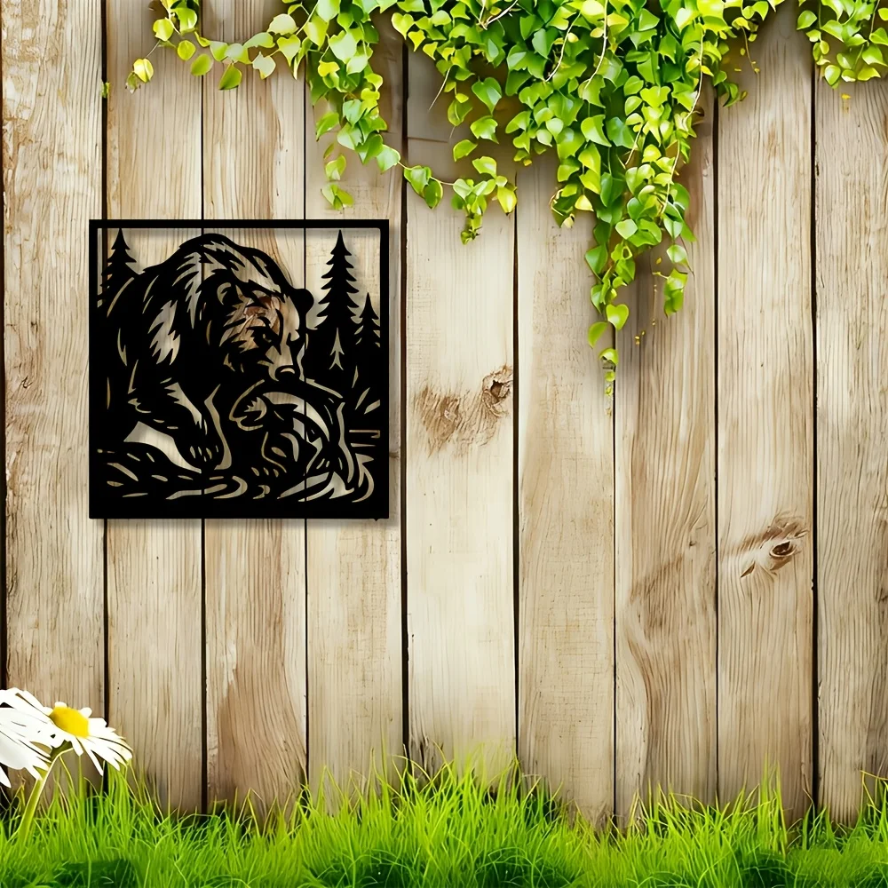 Bear Catching Fish Iron Flat Wall Art Minimalist Living Room Bedroom Office Hanging Decor Ornament Gift Sculpture