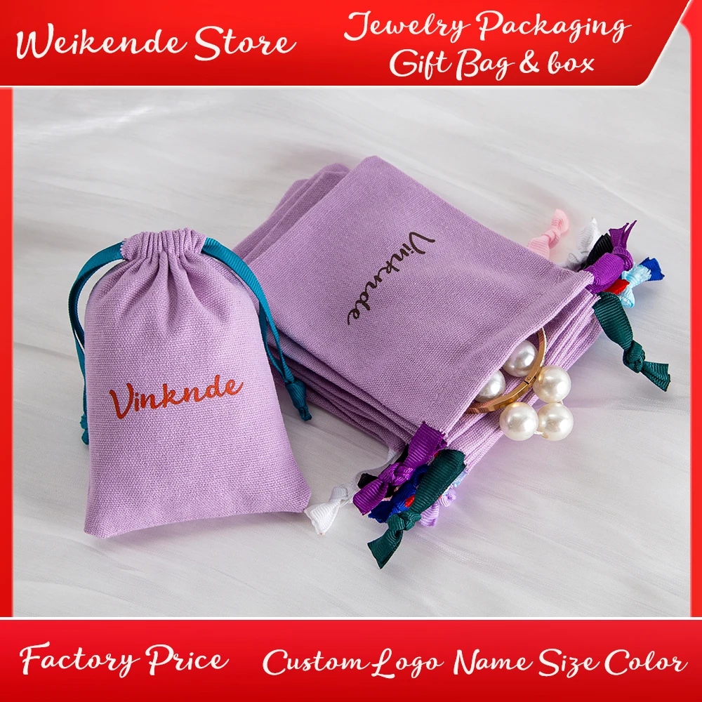 

50Pcs New Custom Purple Jewelry Cotton Drawstring Burlap Bag Rings Earrings Packing Wedding Birthday Gift Sack Canvas Organizer