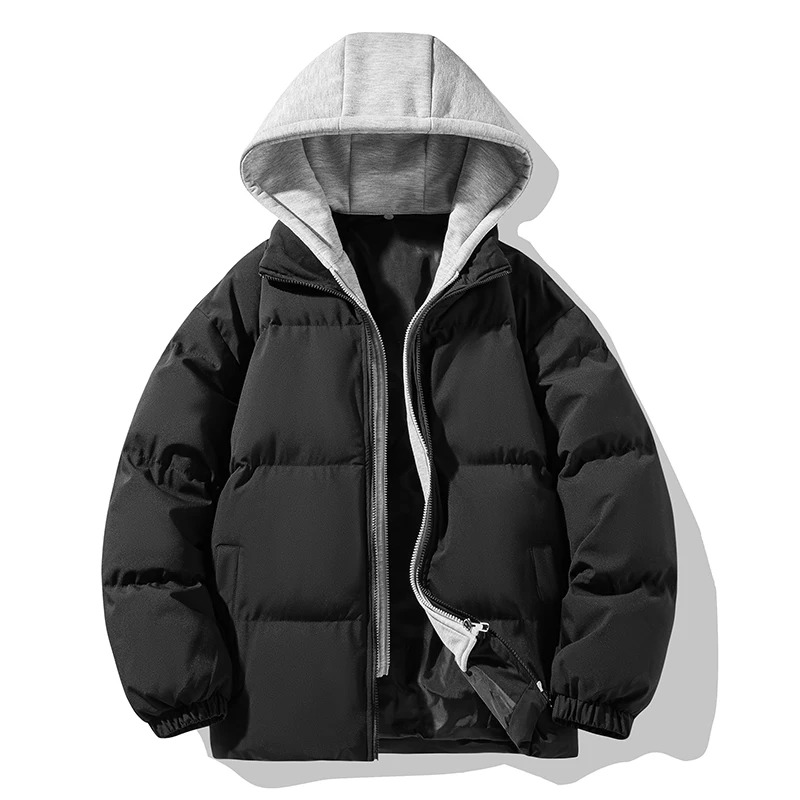 Cotton-padded men, solid color fake two hooded loose and fleece thick warm coat casual all-match bread suit 2024 winter