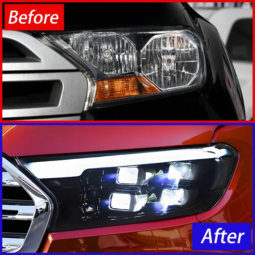مصابيح السيارة الأمامية لفورد رينجر 2016-2020 LED مجموعة المصابيح الأمامية للسيارات ترقية الديناميكية DRL 4 عدسة العارض أداة اكسسوارات السيارات