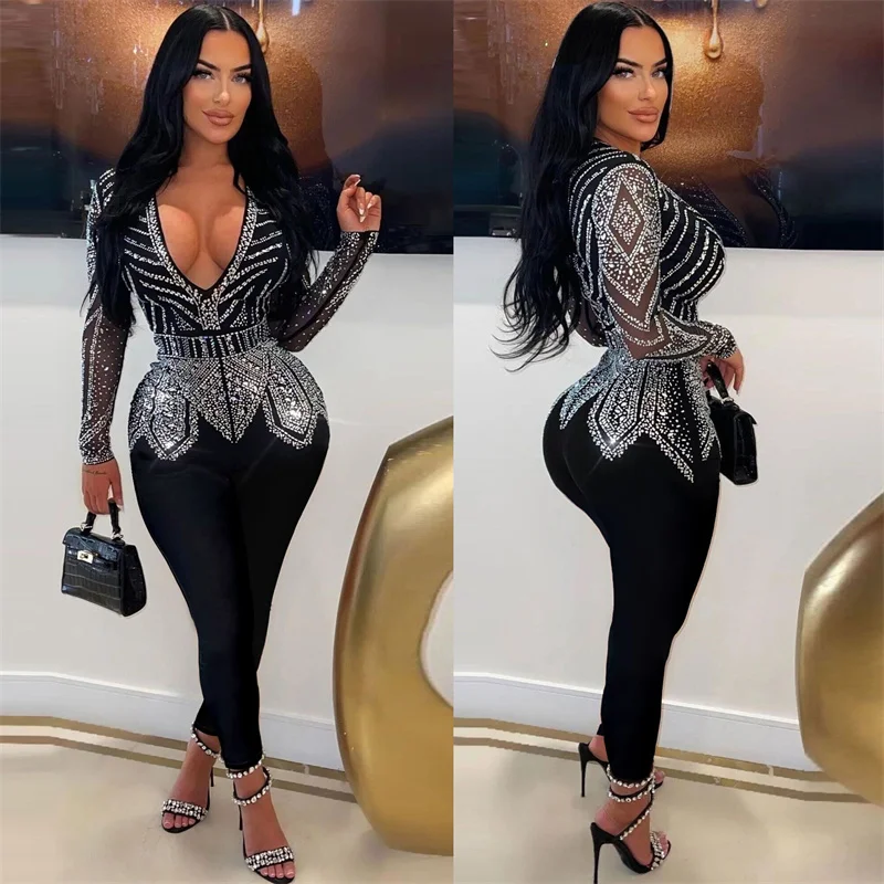 

2024 New Fashion Nightclub Women Jumpsuit Black Mesh Rhinestone Long Sleeved Perspective Casual Pant Suits Sexy Summer Playsuits