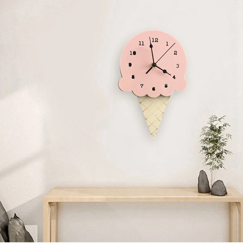 Hot Nordic INS Style Ice Cream Sharped Wall Hanging Clock, Cartoon Silent, Non-Ticking Battery Powered For Children Bedroom