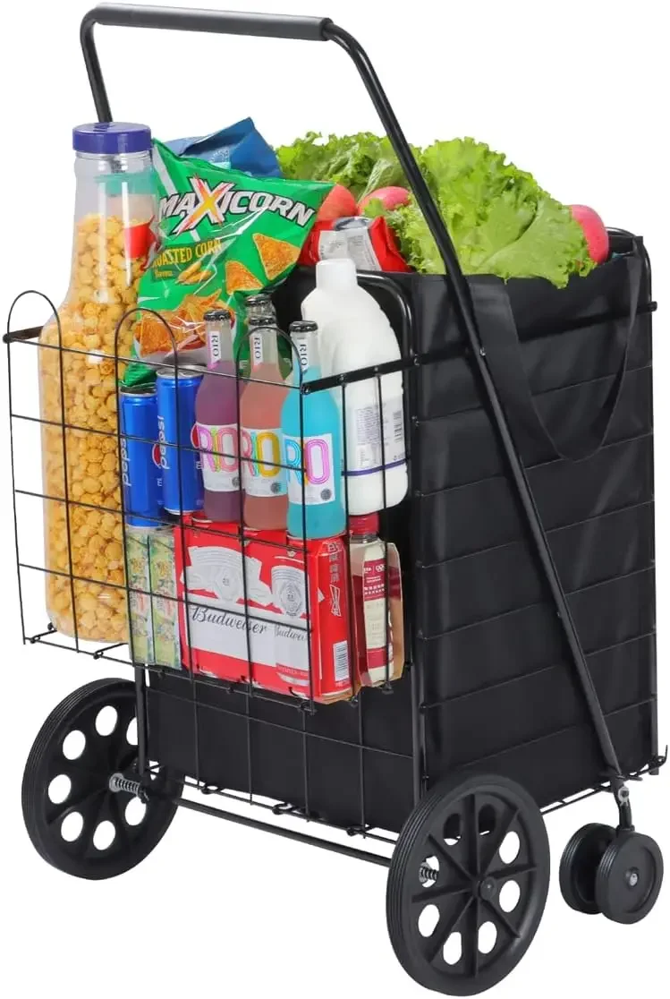 Upgraded Shopping Cart w/ 360° Swivel Wheels & Waterproof Basket Liner for Groceries, Shopping Laundry - Foldable Collapsible