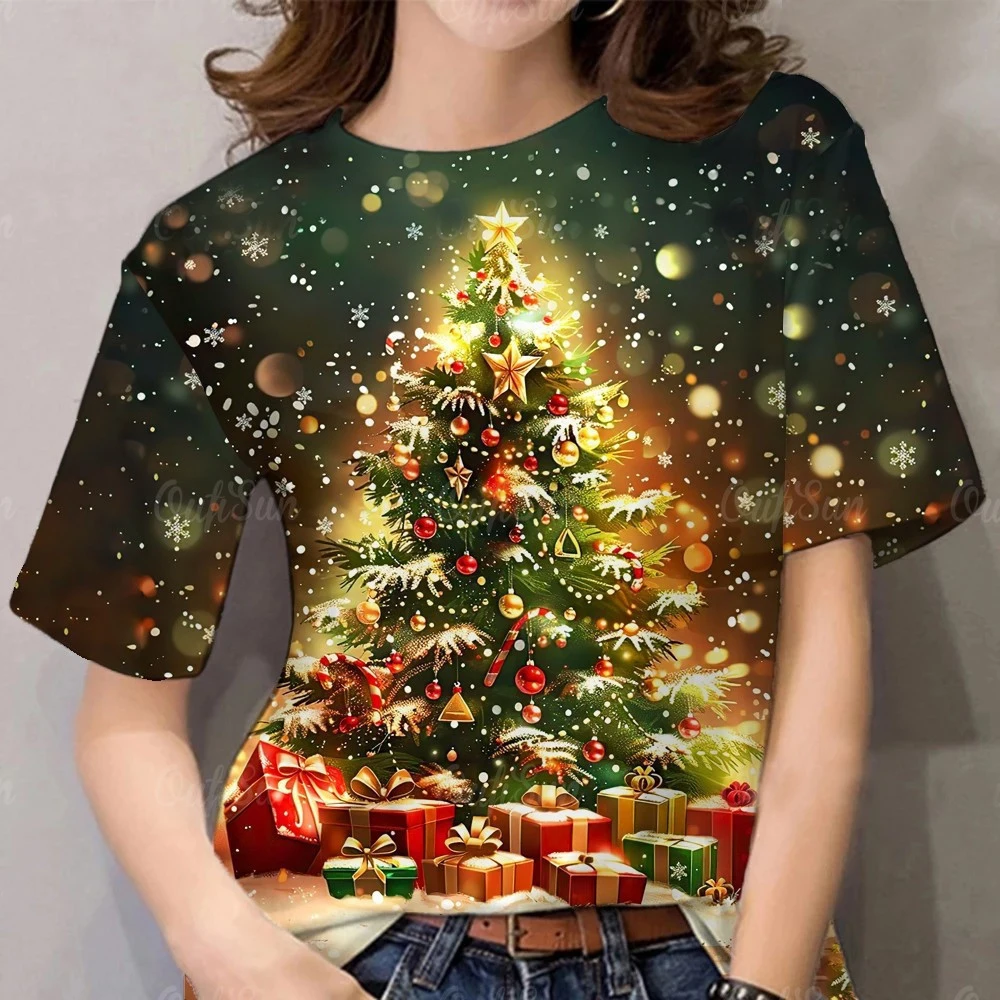 

2026 Merry Christmas T-Shirt For Women Casual Round Neck Oversized Xmas Tshirts Top Full Print Christmas Tree Pattern Tee Shirt
