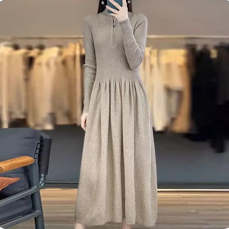 Vestido de emagrecimento com zíper meia forro cintura costurando malha mãe outono inverno feminino estilo francês camada base