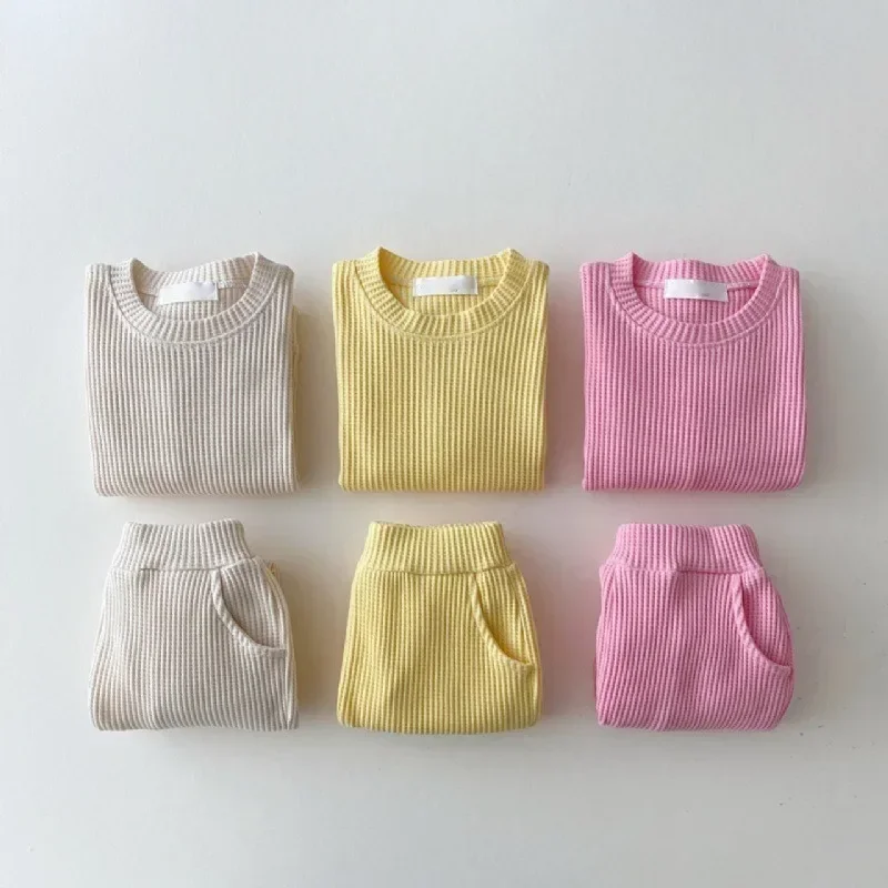 

2PCS Korean Baby Clothing Sets Waffle Cotton Kids Boys Girls Spring Clothes Autumn Loose Tracksuit Solid Pullovers Tops+Pants