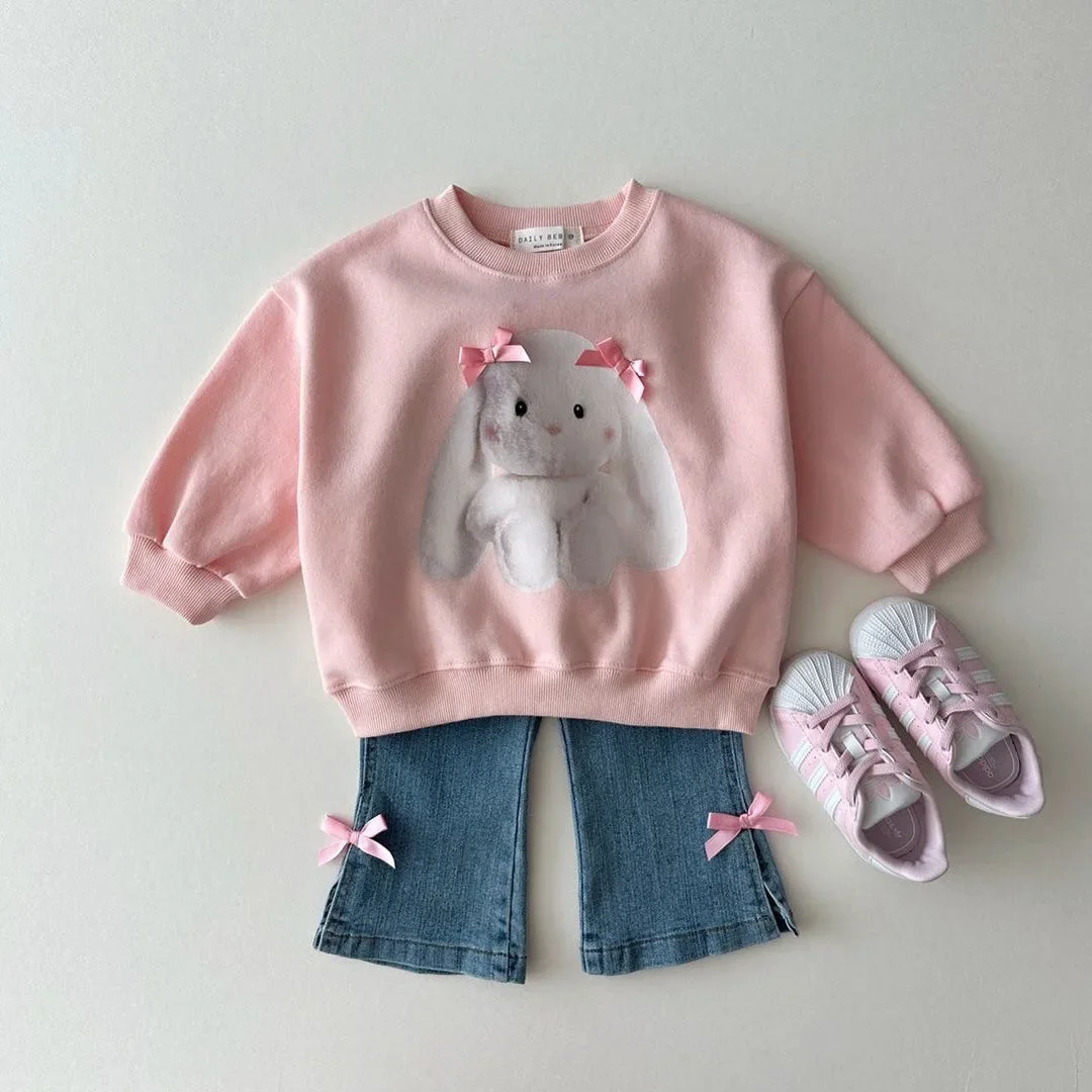 2024 Spring New Baby Girl Cute Rabbit Sweatshirt Infant Cartoon Bear Print Cotton Pullover Kids Toddler Casual Versatile Tops