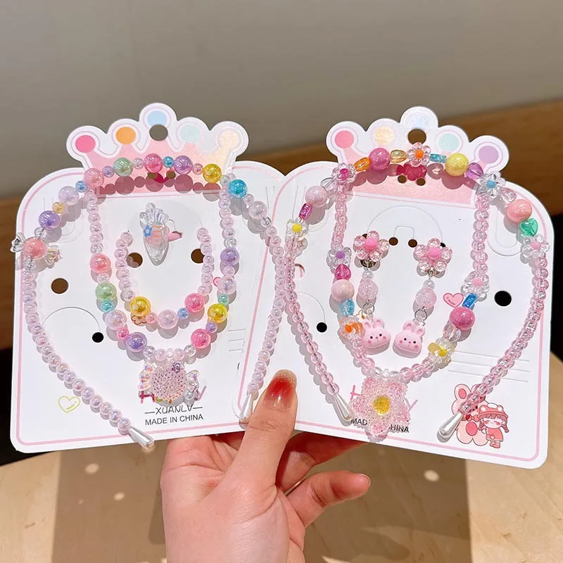 New Children's Necklace Jewelry Set Colorful Beaded Bracelet Cartoon Headband Earrings Princess Girls Accessories