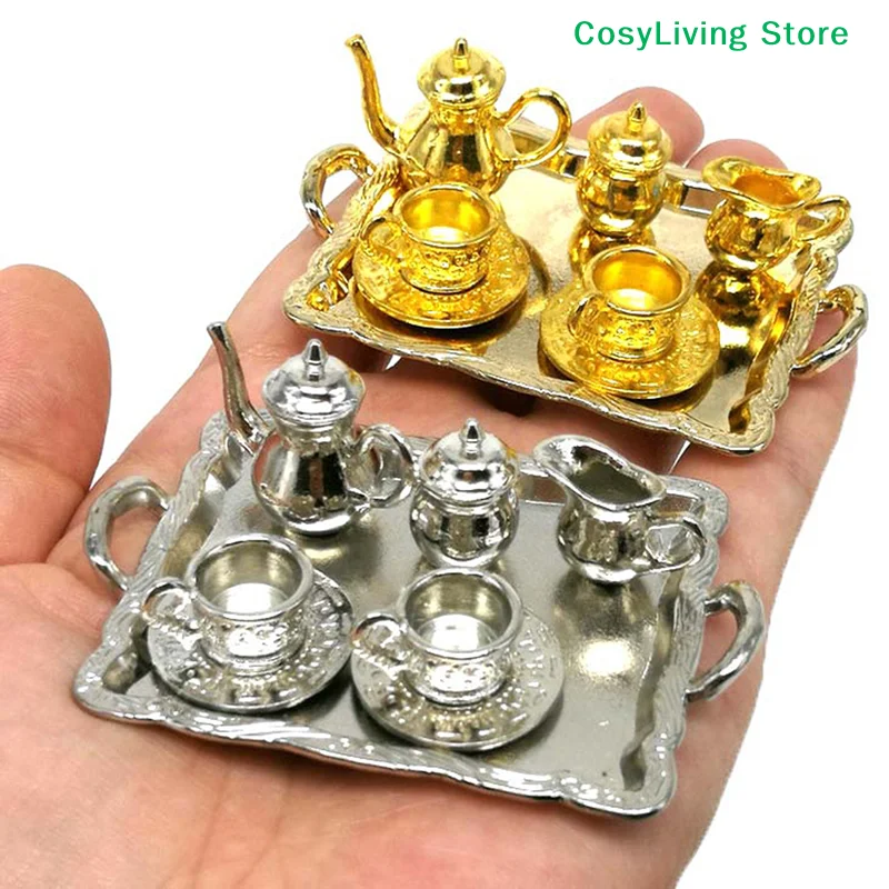 10Pcs/Set Metal Tea Cup Plate Set Furniture Miniature Dining Ware