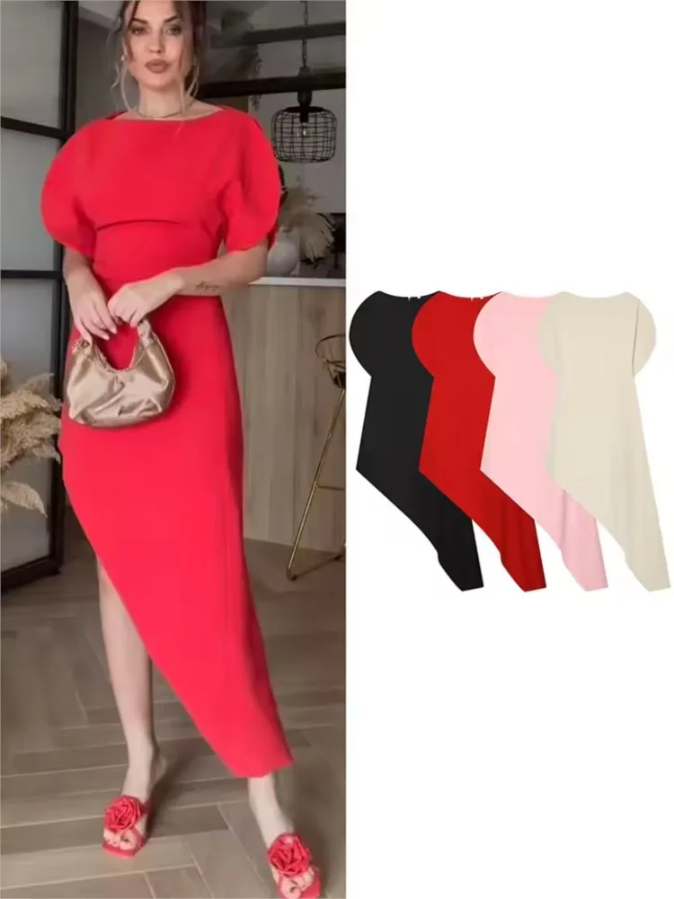 Women's Asymmetric Midi Dress New 2026 Spring Elegant Boat Neck Short Sleeve Chic Lady Midi Dress Causal Female Long Dresses