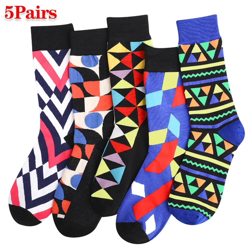 

5Pairs Geometric Mid Tube Men Socks Colorful Sports Crew Socks for Men Women Knitted Durable Socks Comfortable