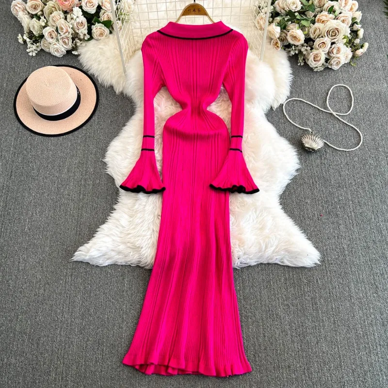 Women Fashion Knitted Ruffles Bodycon Maxi Dress Polo-neck Flare Long Sleeve Buttons High Stretch Elegant Casual Streetwear