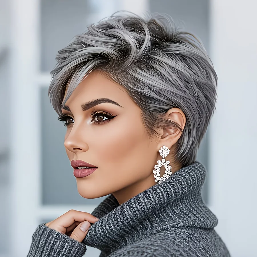 Natural Gray Short Bob Wig with Bangs - Synthetic Wig, Suitable for Daily Wear and Parties, Natural Gray Short Hairpiece image 3