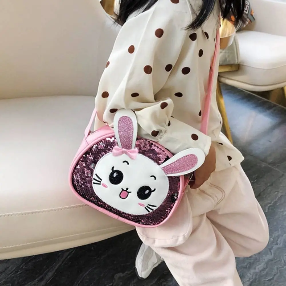 New Cartoon Cute Sequins Bunny Pu Leather Shoulder Bag Sweet Little Princess Shoulder Coin Purse Crossbody Bag