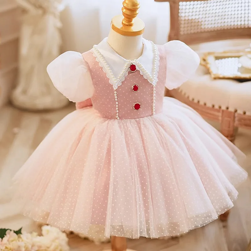 1-7T Girls Pink Princess Dresses Sweet Beading Lace Lapel Collar Short Bubble Sleeves Birthday Party Gown Flower Girl Dresses