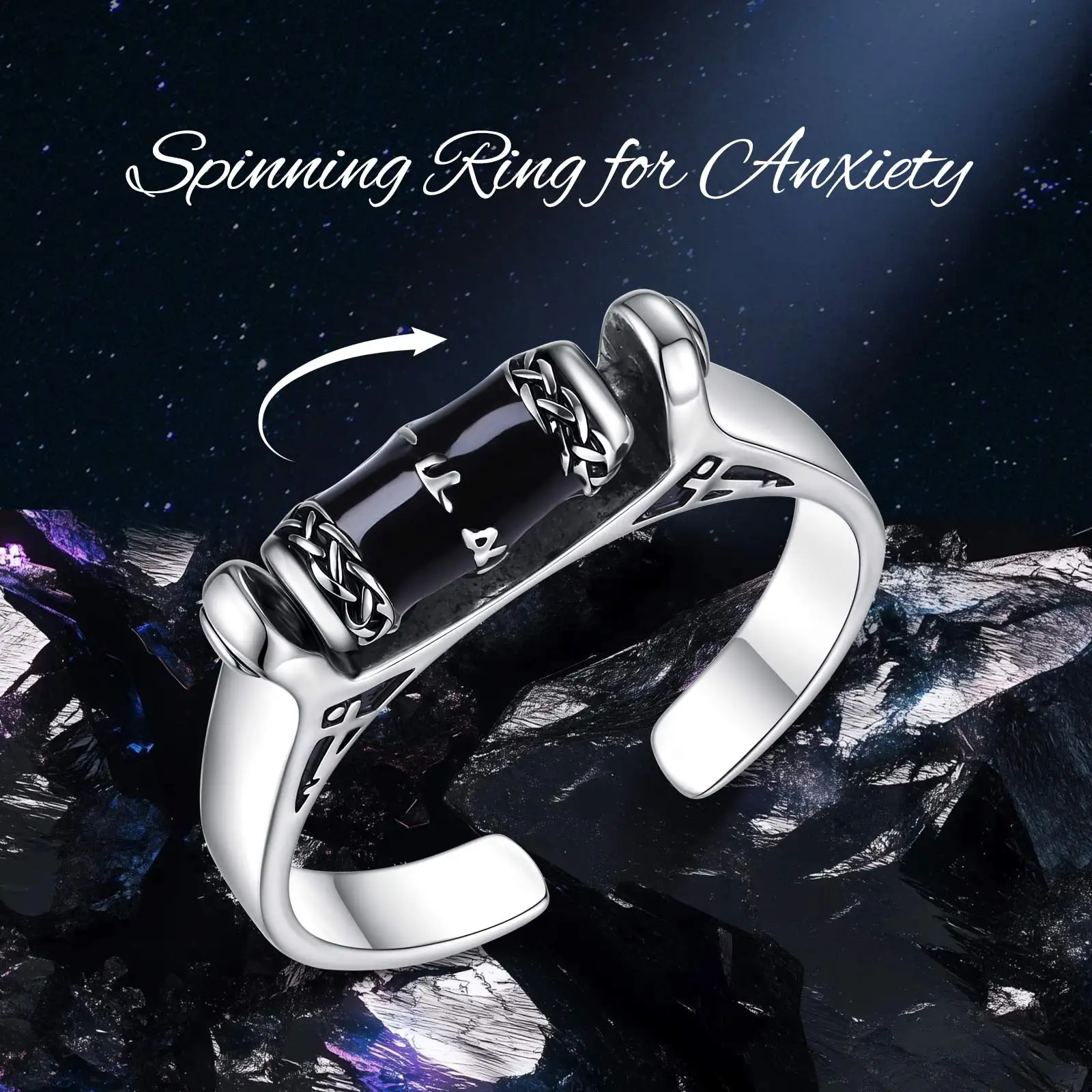 Eudora 925 Sterling Silver Viking Rune Anxiety Ring Obsidian Spinner Adjustable Ring Anti Stress Meditation Jewelry Gift for Men view 5