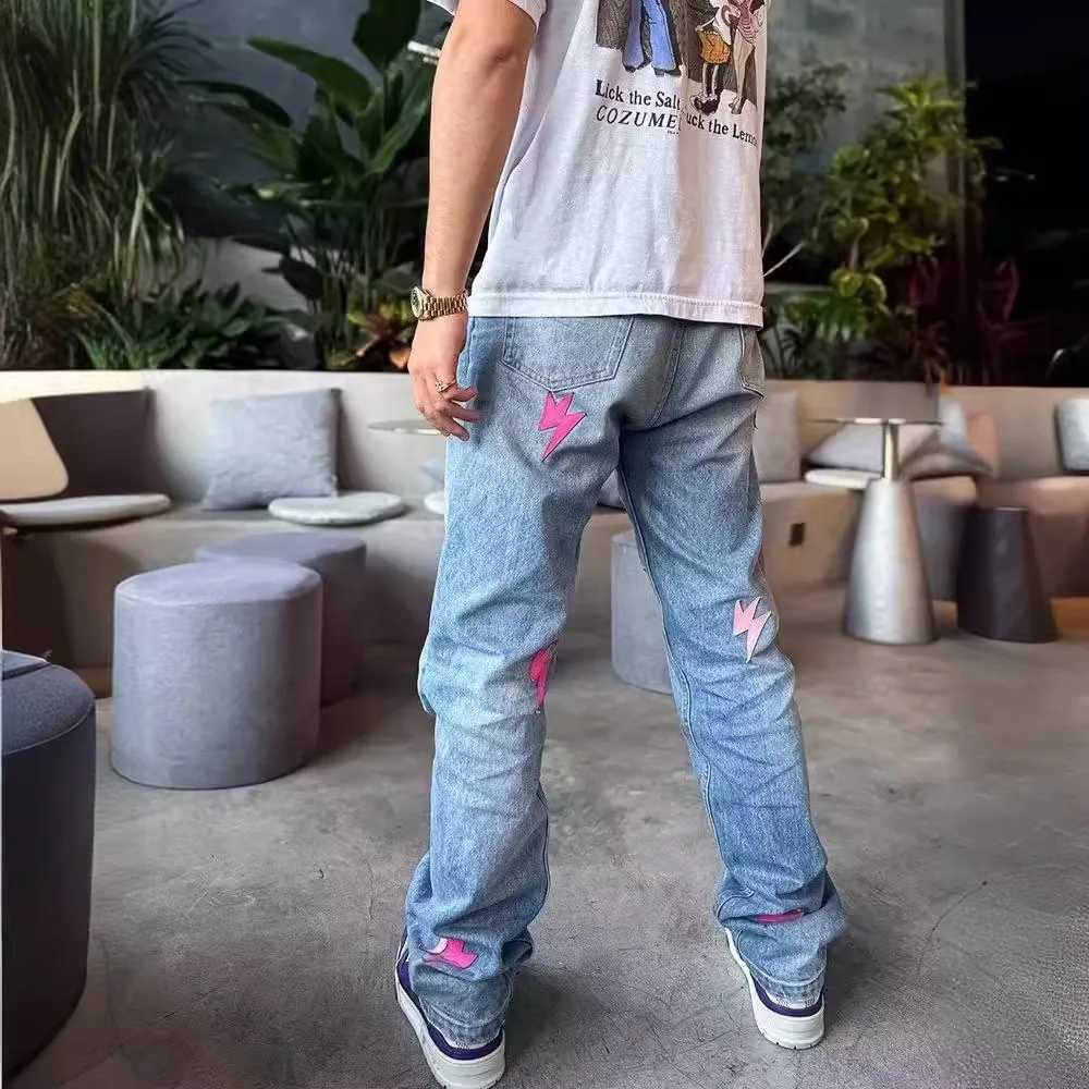 Men's Pink Lightning Loose Straight Niche Design Baggy Jeans Harajuku Hip Hop Denim Pants