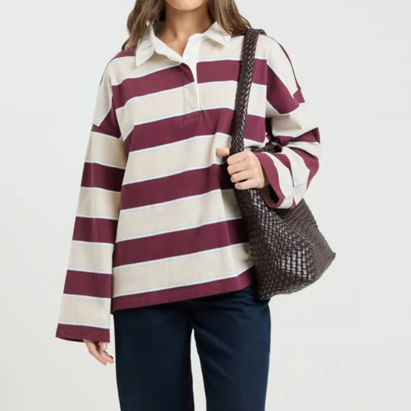 المرأة مخطط الرجبي Pol o قميص المتضخم خمر كم طويل البلوز قمم بلوزات Preppy