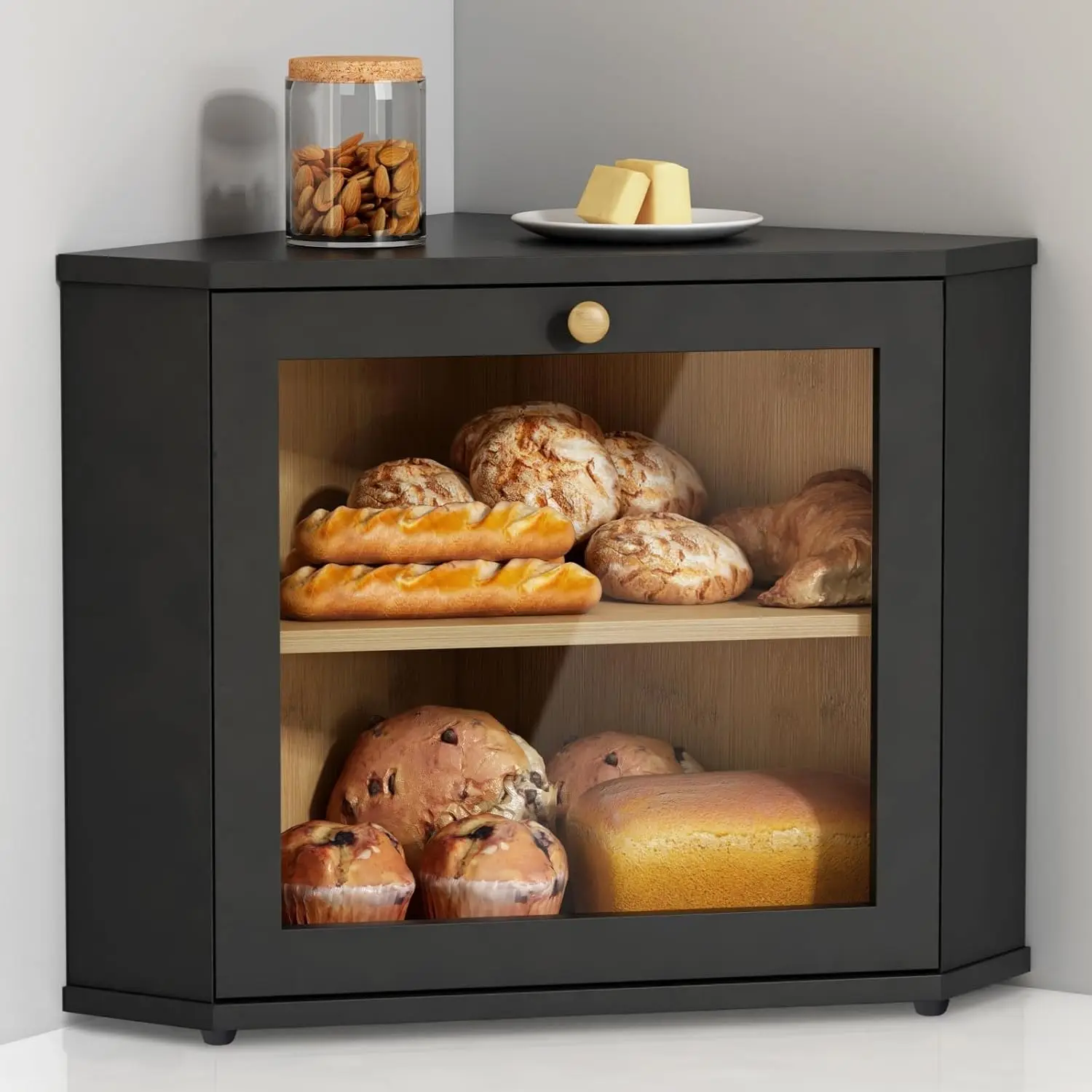 

Corner Kitchen Bread Box, Two-Layer Storage Container for Countertop, Black Wooden Bread Keeper