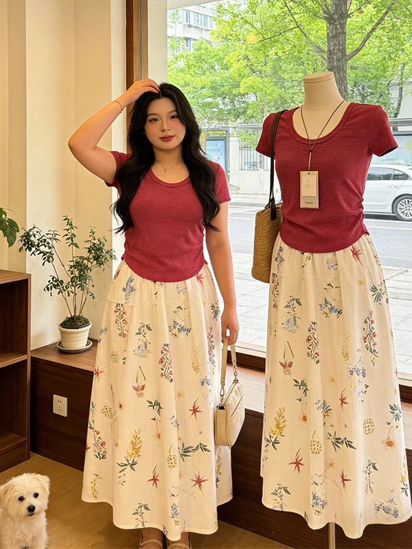 

plus Size Summer New 2026 High Waist Floral Print Short Sleeve Top And Skirt Two Piece Set Pink Color Fashionable Women's Ens...