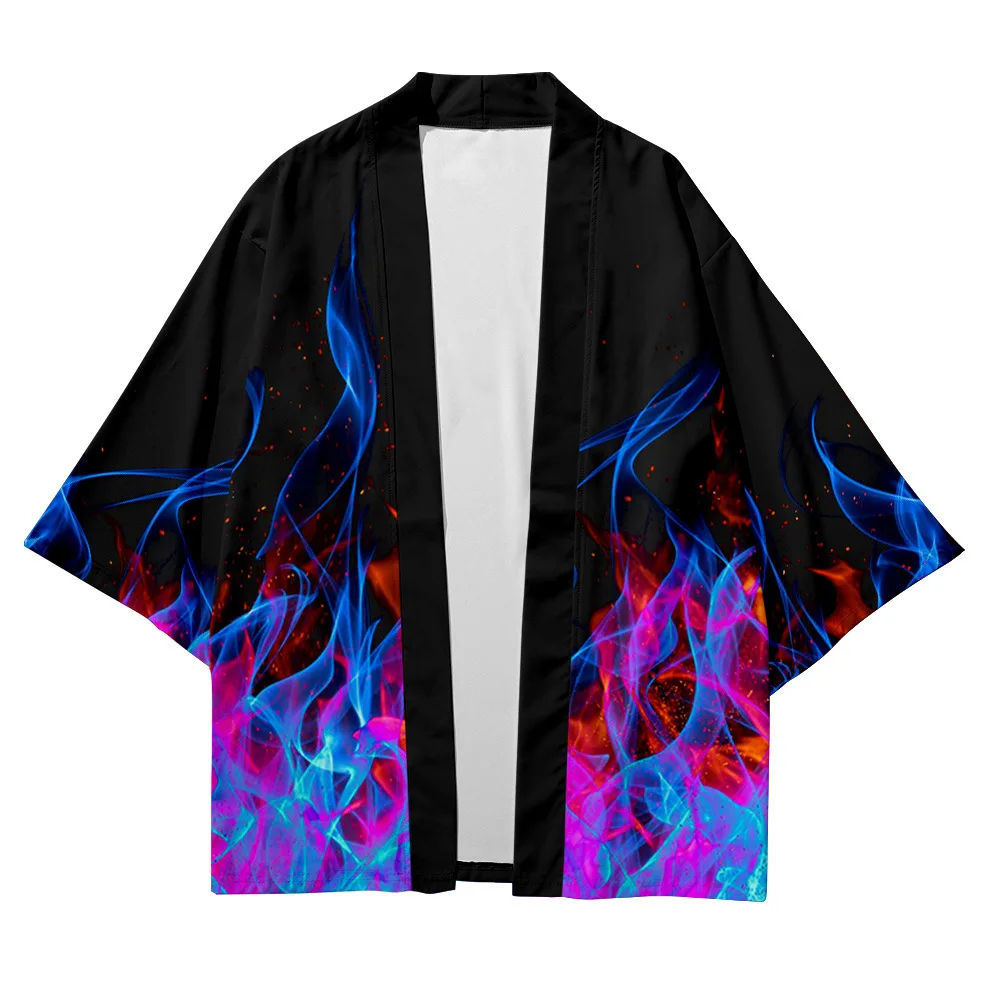 Serin Kimonos hırka japon moda Cosplay kostüm Haori 3D alev Kimono kadın erkek gömlek yaz plaj Yukata için Tops