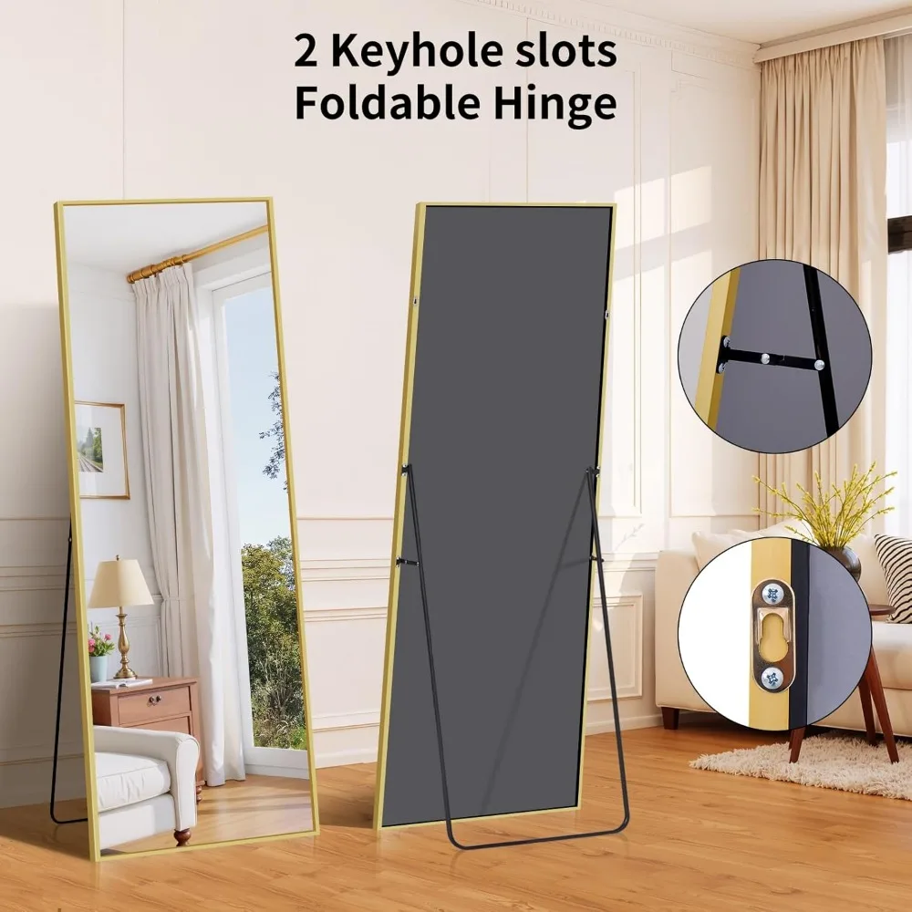 全身鏡 - アルミフレームの自立式ミラー、家庭、寝室、リビングルーム用、壁掛けオプションあり