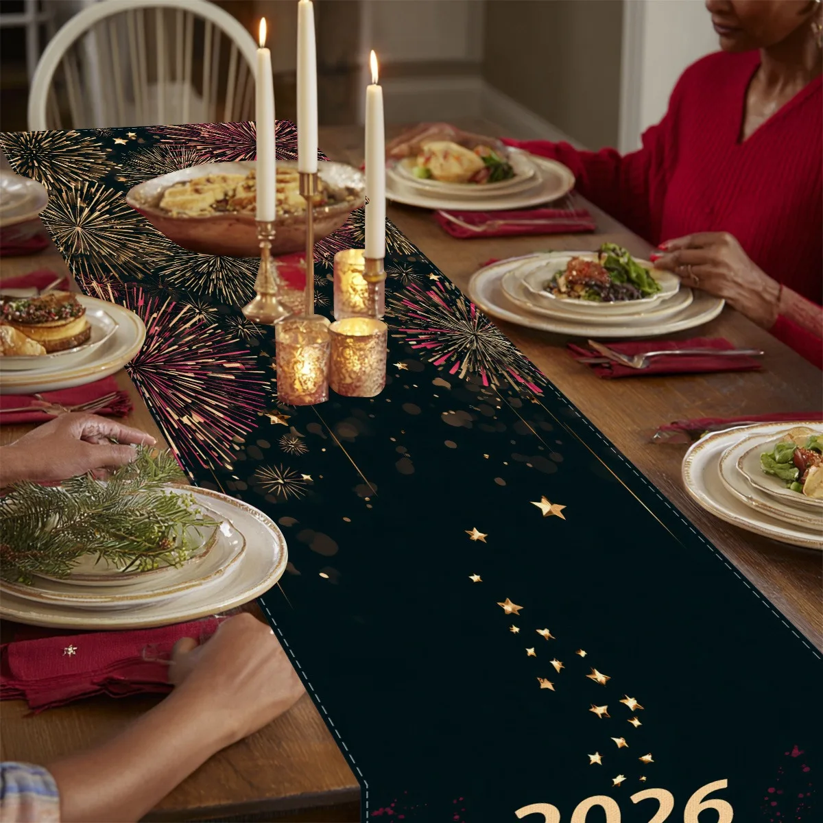 1pc Table Runner Multiple Sizes 2D Print Valentine 2026 Starry Night Fireworks Gold Sparkles Faux Linen Indoor Table Decor Gift