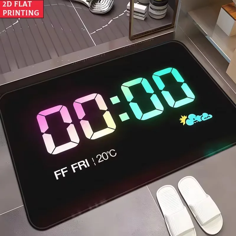 VIKAMA Neon Digital Clock 00:00 Temperature Futuristic LED Art Flannel Door Mat Non Slip Entryway Bedroom Living Room Home Decor