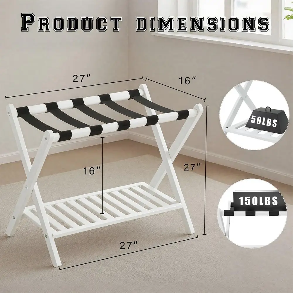 Porta valigia pieghevole in bambù con ripiano per scarpe e 5 cinghie per stanze degli ospiti, soggiorni e hotel - Bianco