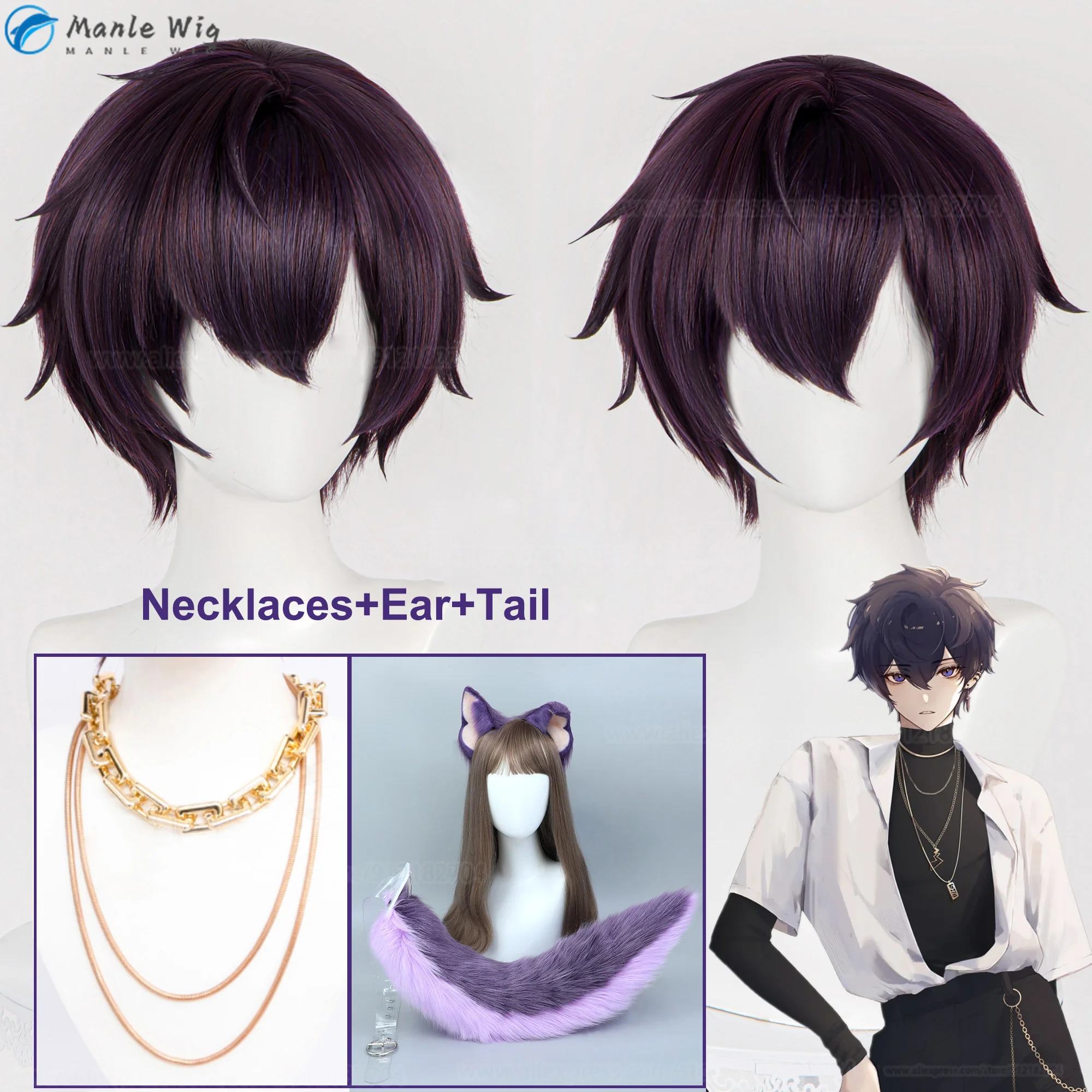 

New Vtuber Shoto Cosplay Wig Shou 30cm Short Black Purple Wig Necklaces Ear Tail Heat Resistant Synthetic Hair Anime Wigs Props