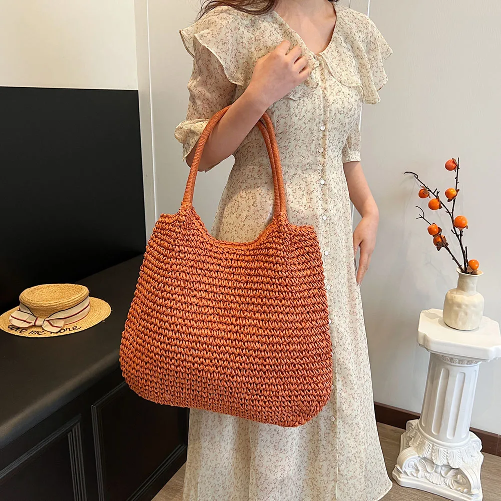 

Women Crochet Beach Handbag Large Capacity Retro Straw Handbag Solid Color Simple Weaving Handbag Ladies Summer Daily Bag