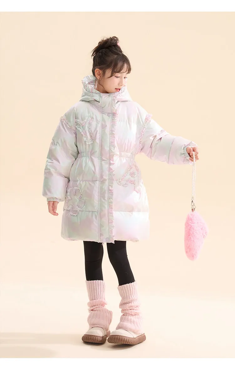 Langer Daunenmantel mit Kapuze für Mädchen, 90 % weiße Entendaunen, warmer Winterparka mit Spitze und Rüschen, winddichte, dicke Oberbekleidung für Teenager und Kinder, A5123 – Detail 13