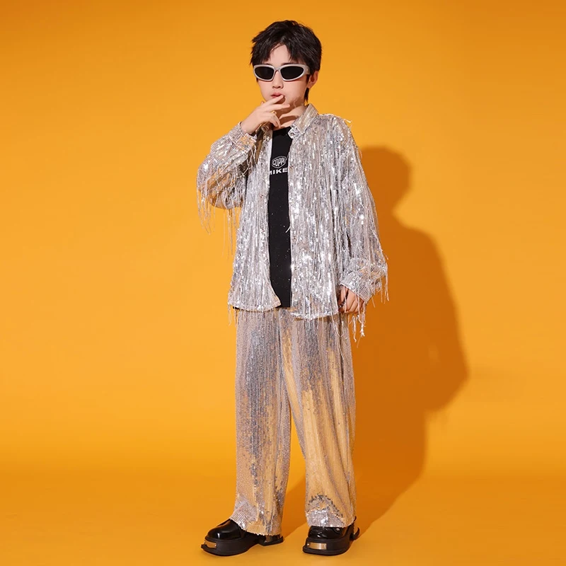 Zilver Jazz Dans Pak Voor Kinderen Prestaties Slijtage Kpop Toneelkostuum Kwastje Shirt Pailletten Shorts Meisje Straat Dansen Show 3395