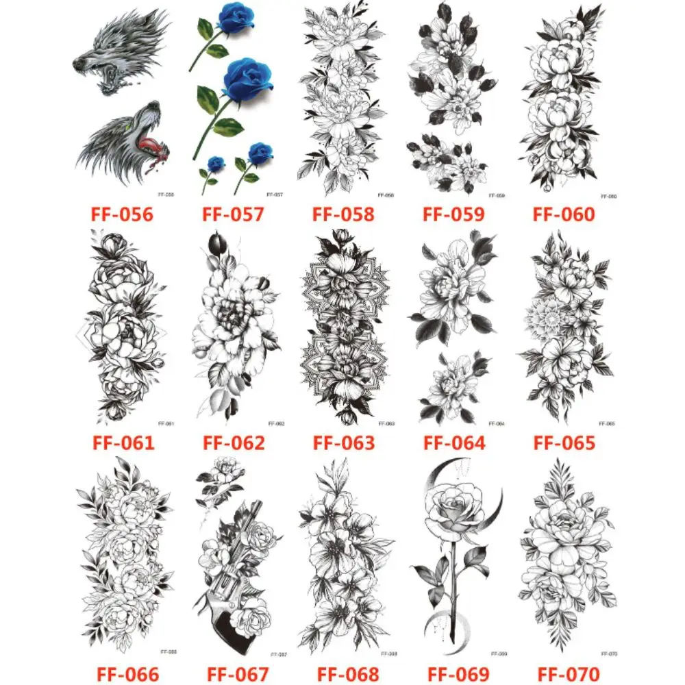 대형 Tatouage 임시 문신 바디 아트 스티커, 방수 장미 모란 검은 꽃, 바디 암 다리 가짜 문신