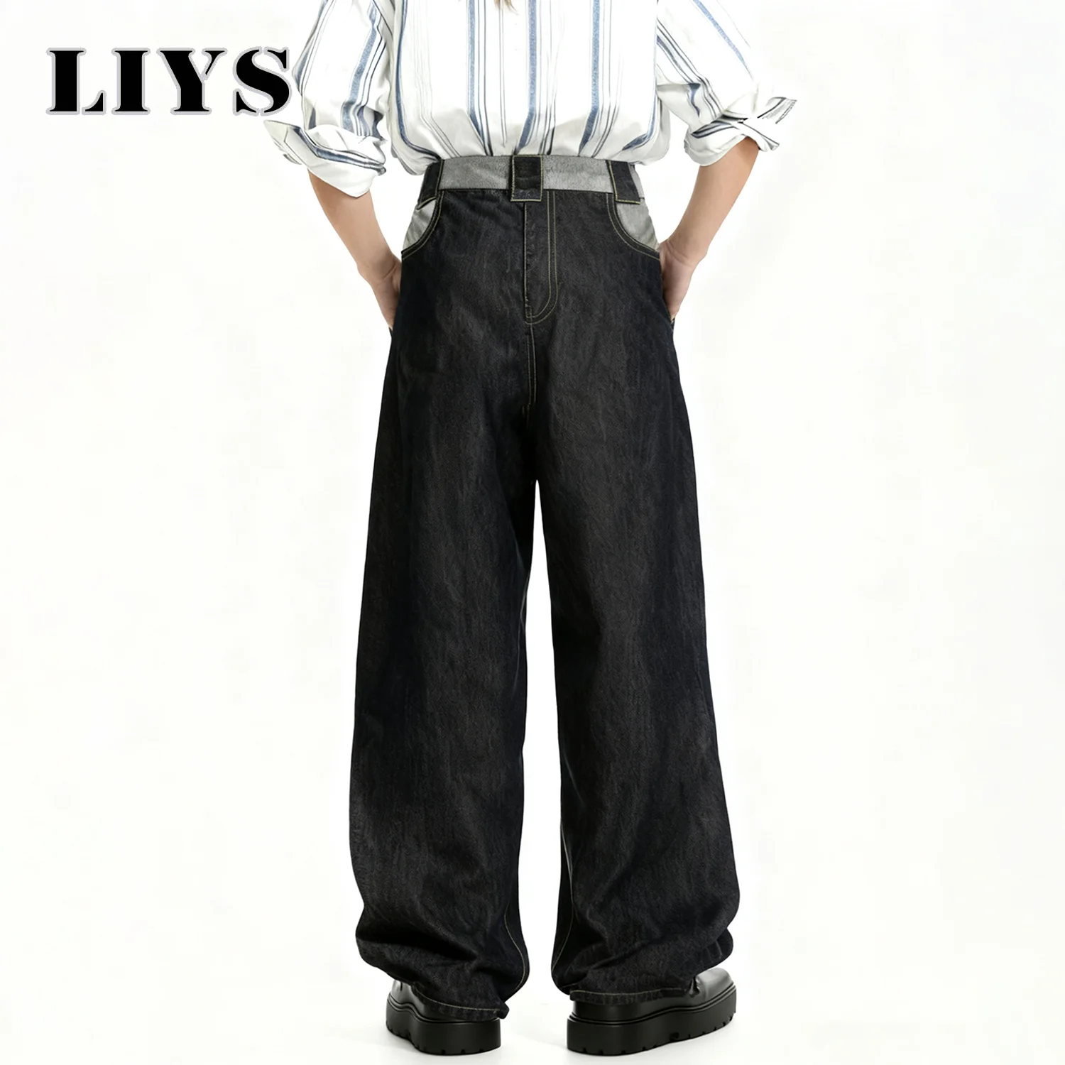 بنطال جينز رجالي أمريكي أسود عالي الشارع فضفاض بأرجل واسعة وجيوب متعددة وخصر مزدوج وتصميم عكسي للجنسين من قماش الدنيم