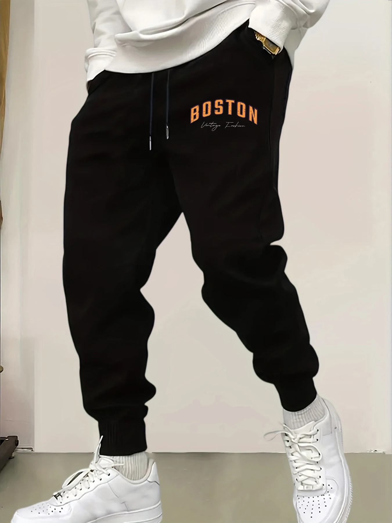 

Boston Vintage Fashion Print Men Drawstring Casual Long Pants Pocket Elastic Waist Sweatpant Sport Street Britches Soft Trousers