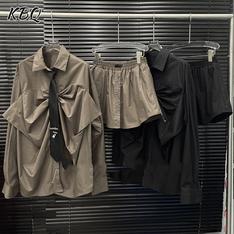 

KBQ Шикарные свободные комплекты из двух предметов для женщин, рубашки с длинными рукавами и бантом с лацканами, мини-юбки с высокой талией, шикарный повседневный женский комплект