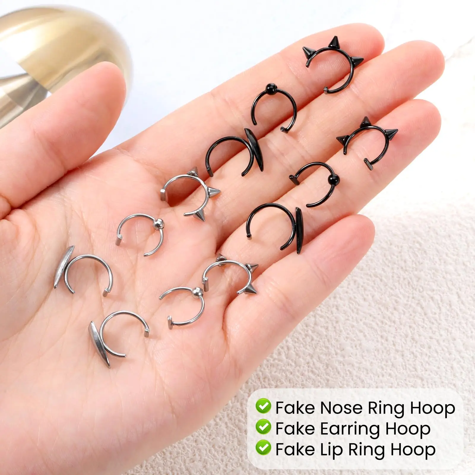 12 Pcs Fake Lip Ring Fake Snake Bite Non-Piercing Lip Cuff Ear Cuff Stainless Steel Vampire Teeth Ring Septum Nose Piercing Set
