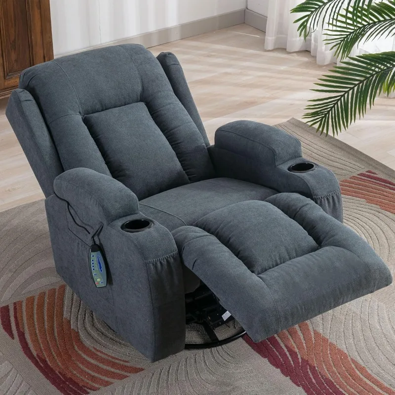 Recliner Chair with Massage and Heat for Adults, Manual Glider 360° Swivel Rocking Chair with Lumbar Pillow, Cup Holders