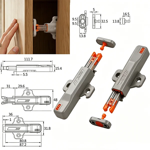 Magnetic Push to Open Latch (2 Pack), Heavy Duty Cabinet Touch Latch, Child & Pet Proof, Soft Quiet Close