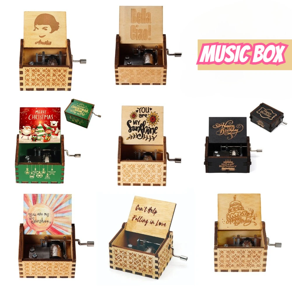 Caja musical de madera con grabado vintage, tallado retro con manivela, regalo de Navidad, cumpleaños, día de San Valentín, regalos artesanales para niña
