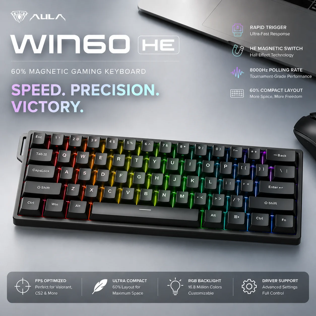 Klawiatura mechaniczna AULA WIN60 HE 60% 61 klawiszy 8000Hz RT Rapid Trigger Hall Effect Magnetic Switch Hot Swap RGB Przewodowa Klawiatura E-Sportowa do FPS Valorant CS2