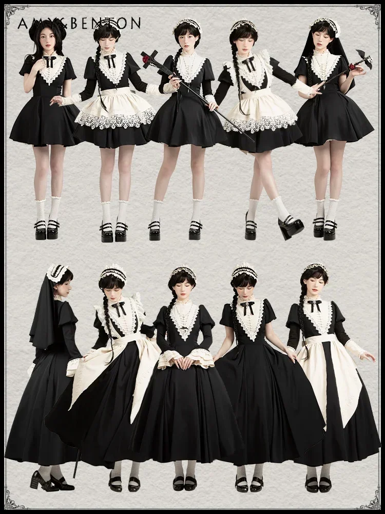 Gothic Nun Cosplay Lolita Dress Sets Japanese Subculture Splicing Color OP Long Sleeve Dress Irregular Apron Full Outfits