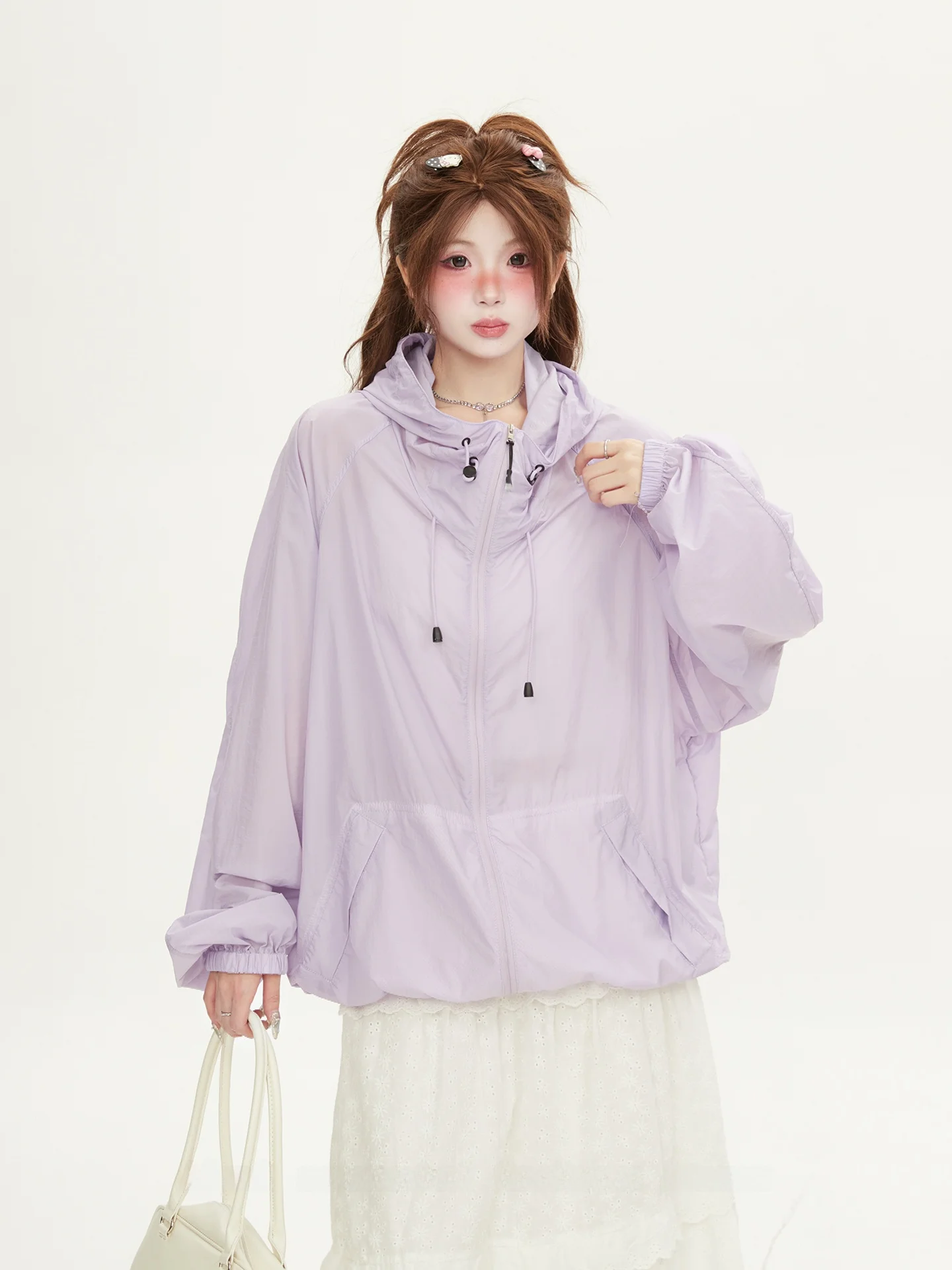 Unique Summer Thin Outerwear Purple Loose Women's Style Sun Protection Clothing Breathable UV Protection Hooded Zipper Closure